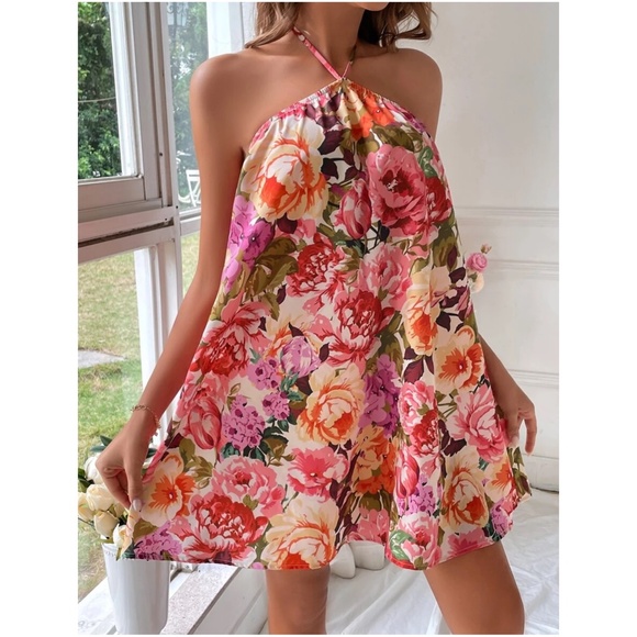08 Boho Floral Print Halter Mini Dress - Picture 2 of 5
